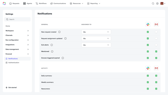 Settings - Personal notifications - Agent