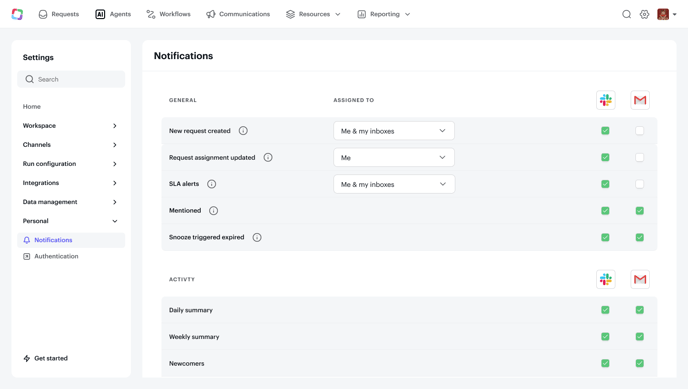 Settings - Personal notifications - Manager