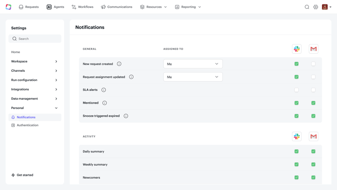 Settings - Personal notifications - Owner