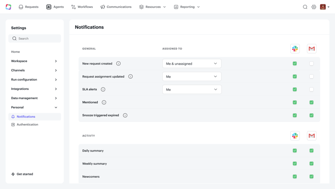 Settings - Personal notifications - Super admin