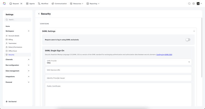 Siit Workspace Security settings with SSO Service URL, Issuer and Certificate fields